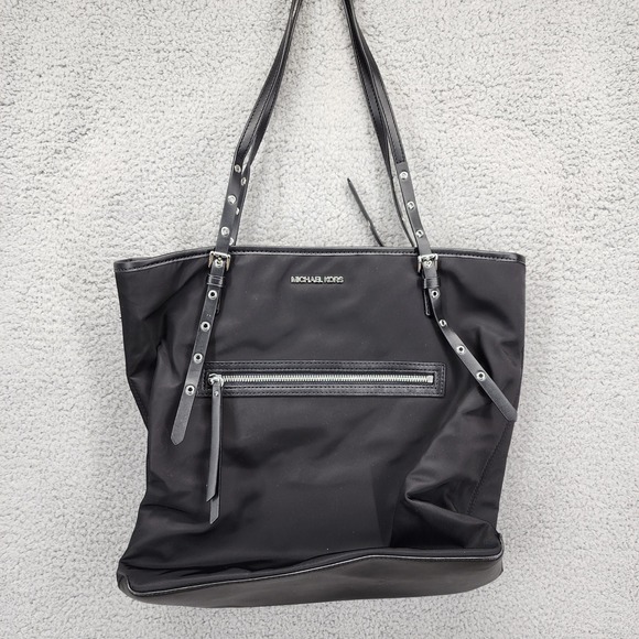 Michael Kors Leila Large Tote Bag Black Nylon Silver Hardware Designer - Picture 1 of 9